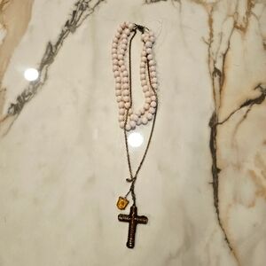 Vintage Parisian Rosary Style Layered Necklace with Cross
